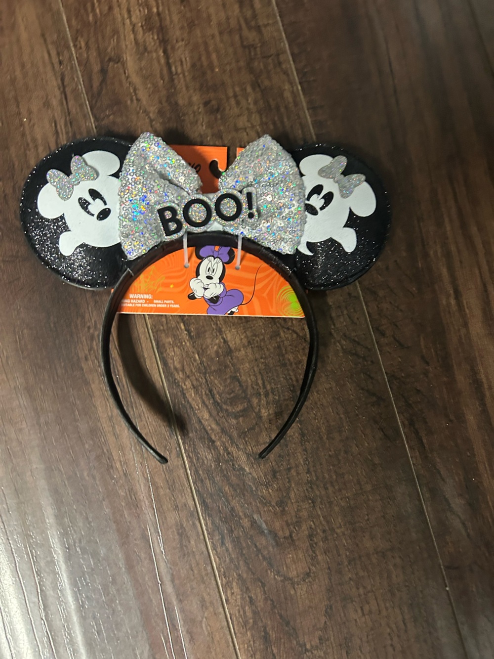 Disney Halloween Minnie Ear Headband - Black & Silver Glitter 'BOO' Bow